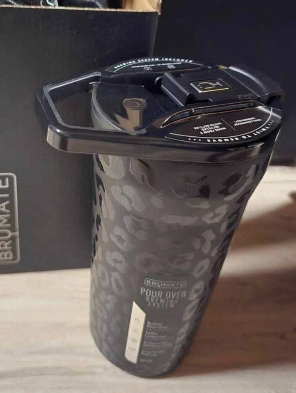 Brumate 20 Oz NIB, Pour Over Travel Mug — Black Onyx Leopard